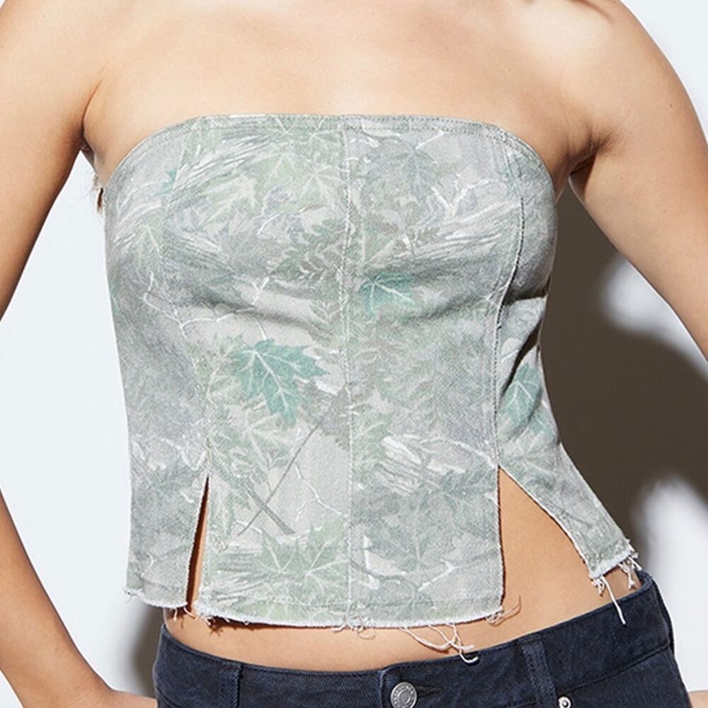 Pacsun Denim Corset Top XS Womens Tree Camo Slits Cropped Strapless Frayed Hem